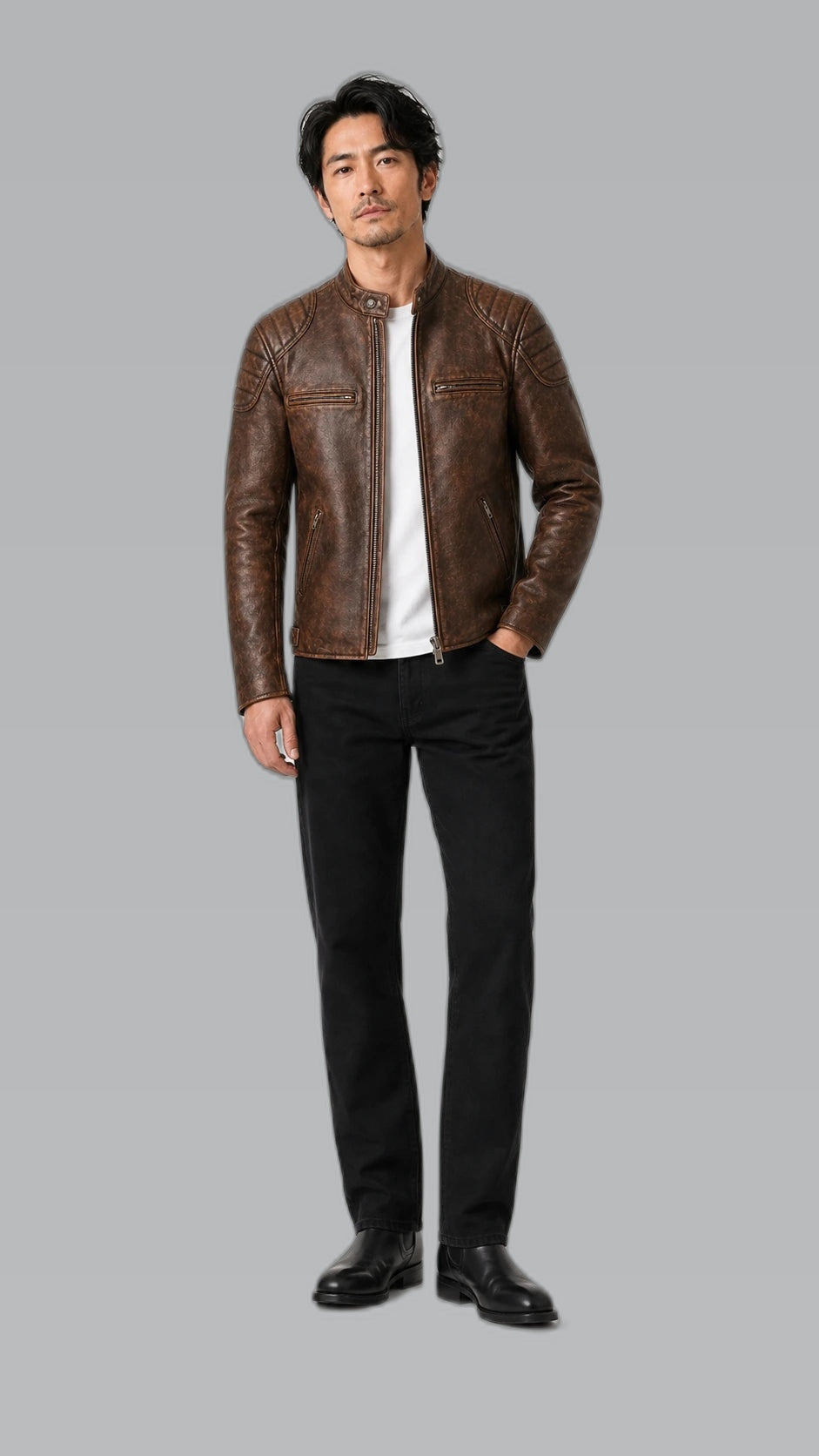 Japanese collection jacket on consistent cool gray background