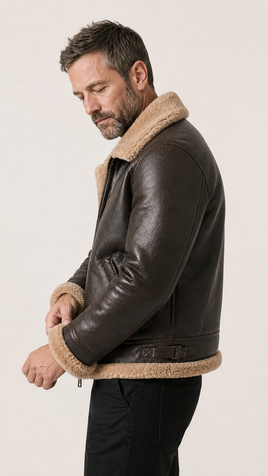 Side view of the brown B-3 flight jacket on the model — British model
