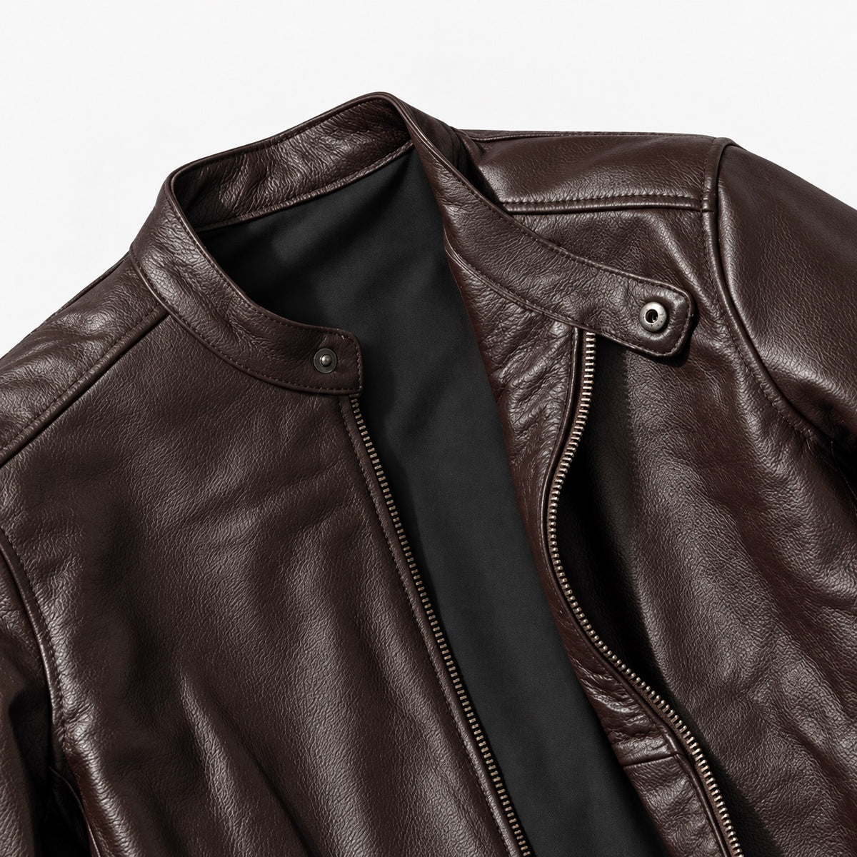 Dark brown stand-collar cowhide jacket — collar and leather detail