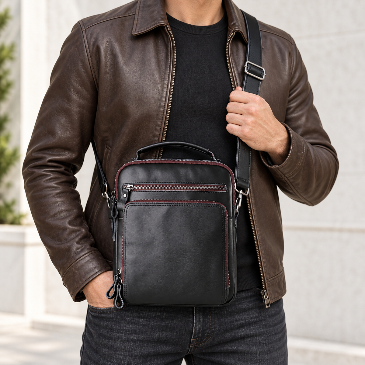 Smooth Black Leather Messenger Bag