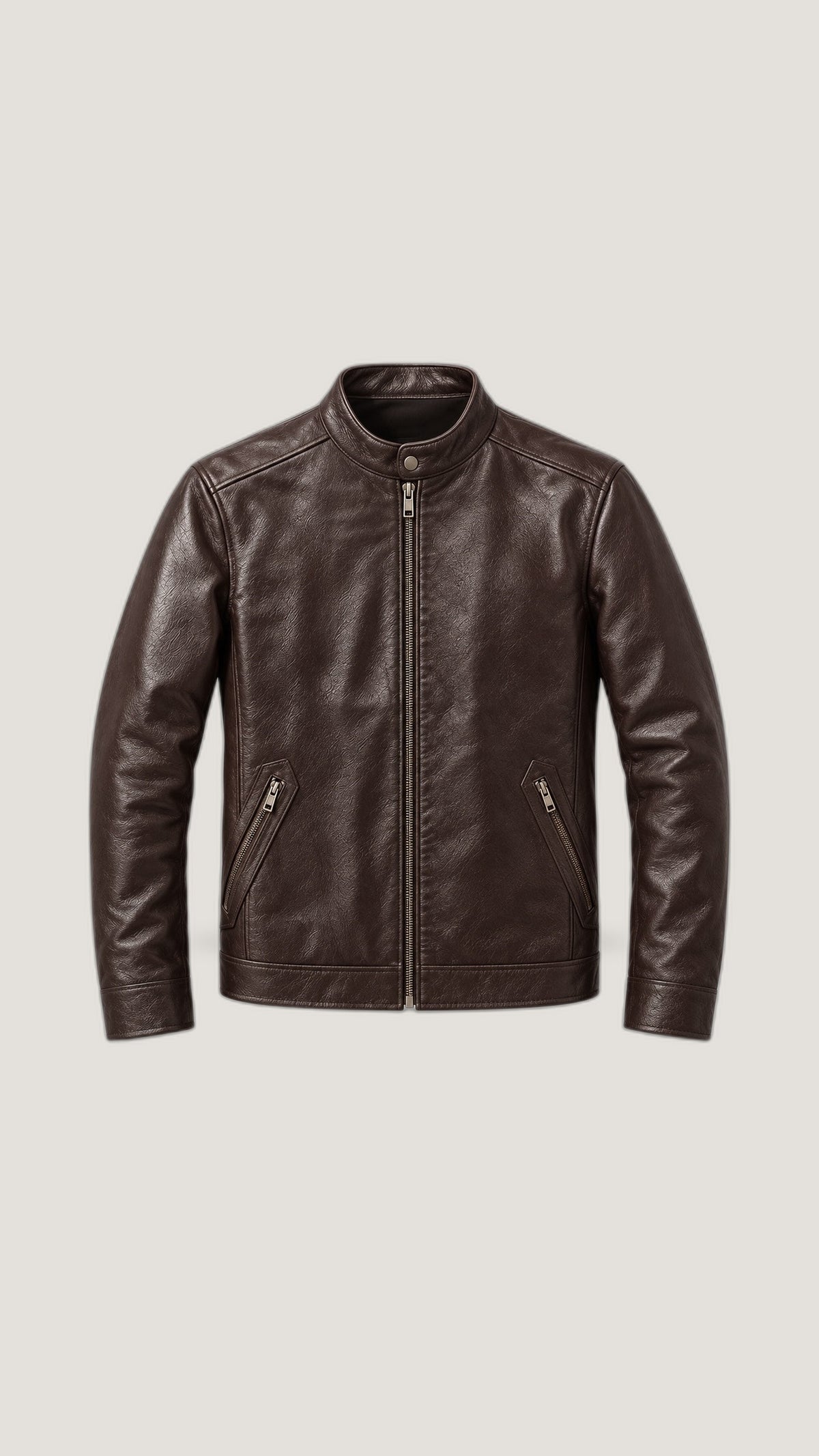 Dark Brown Stand-Collar Cowhide Jacket — 100% Genuine Leather