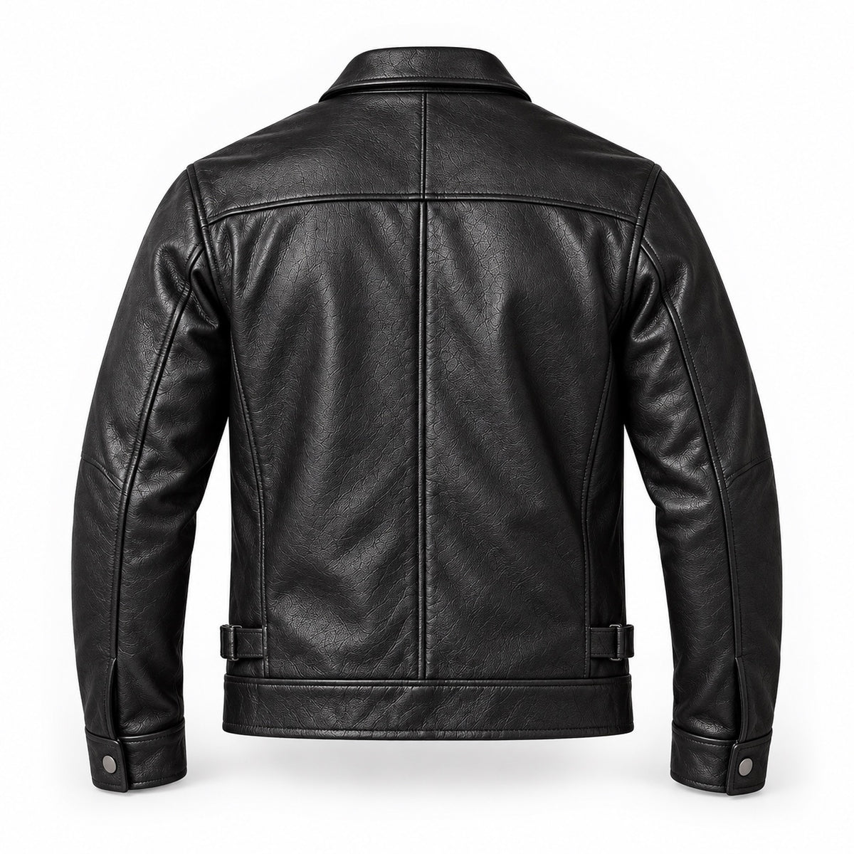 Black classic-collar cowhide jacket — clean back view
