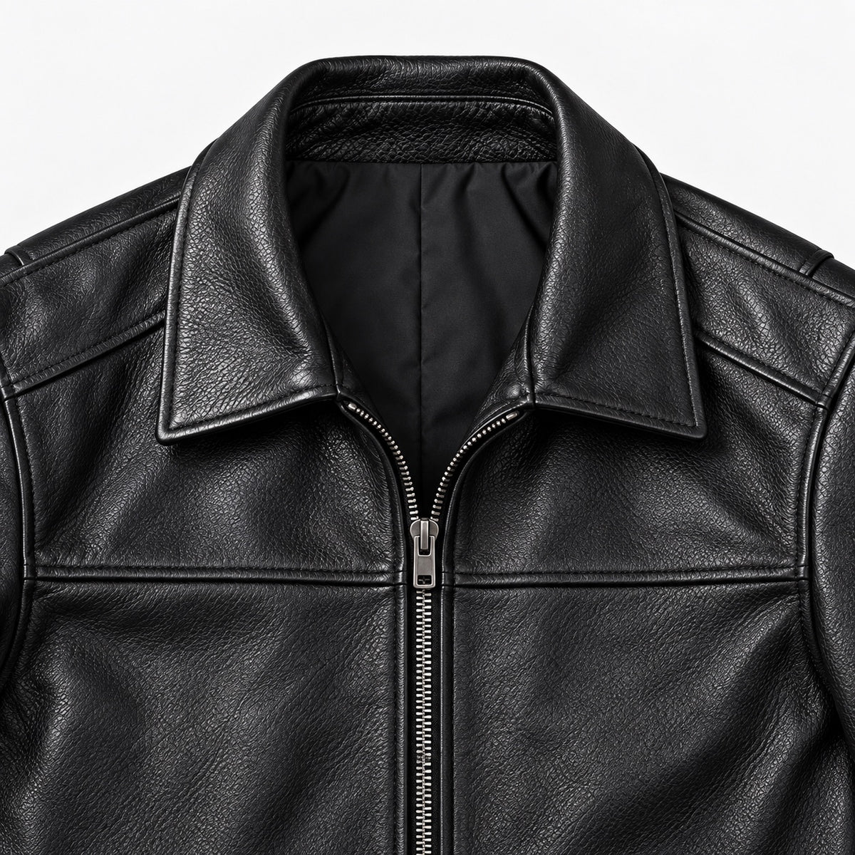 Black classic-collar cowhide jacket — collar and leather detail