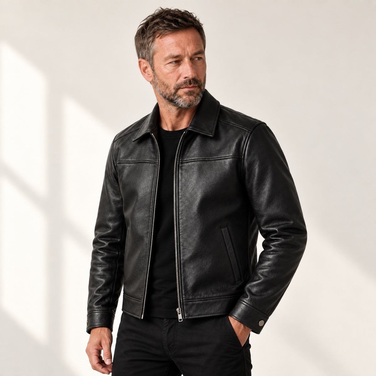 Black Classic-Collar Cowhide Jacket — British model — three quarter