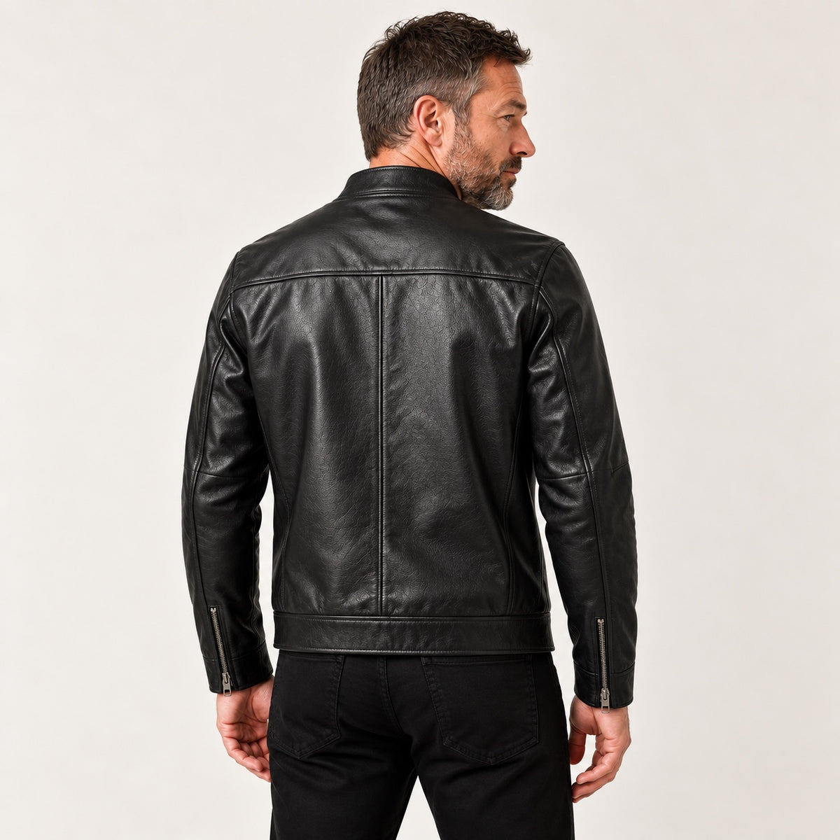 Black Stand-Collar Cowhide Jacket — British model — back