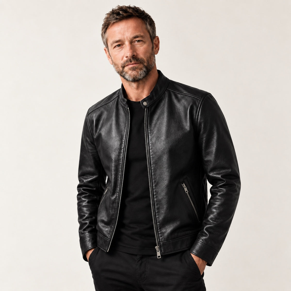 Black Stand-Collar Cowhide Jacket — British model — hero
