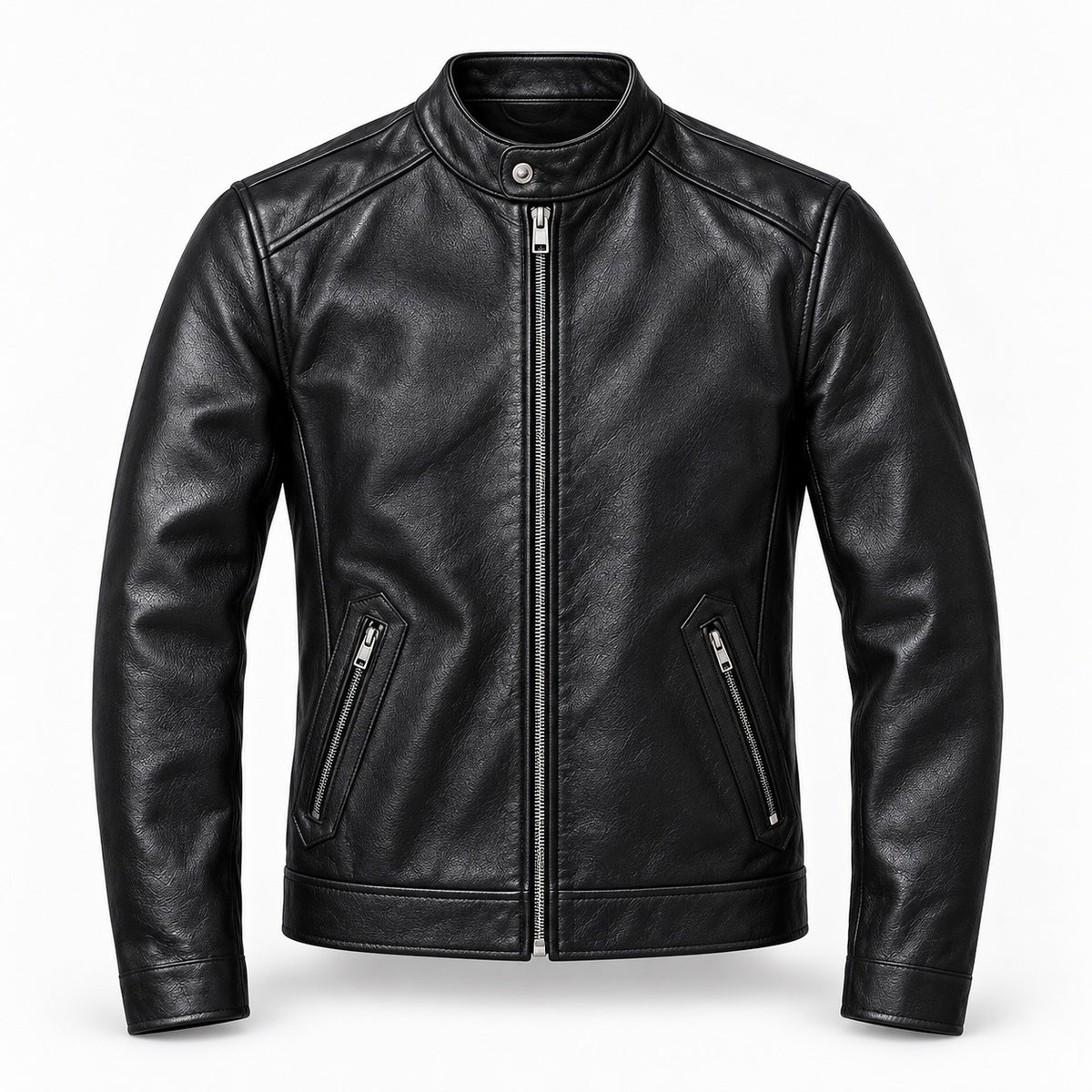 Black stand-collar cowhide jacket — closed product view