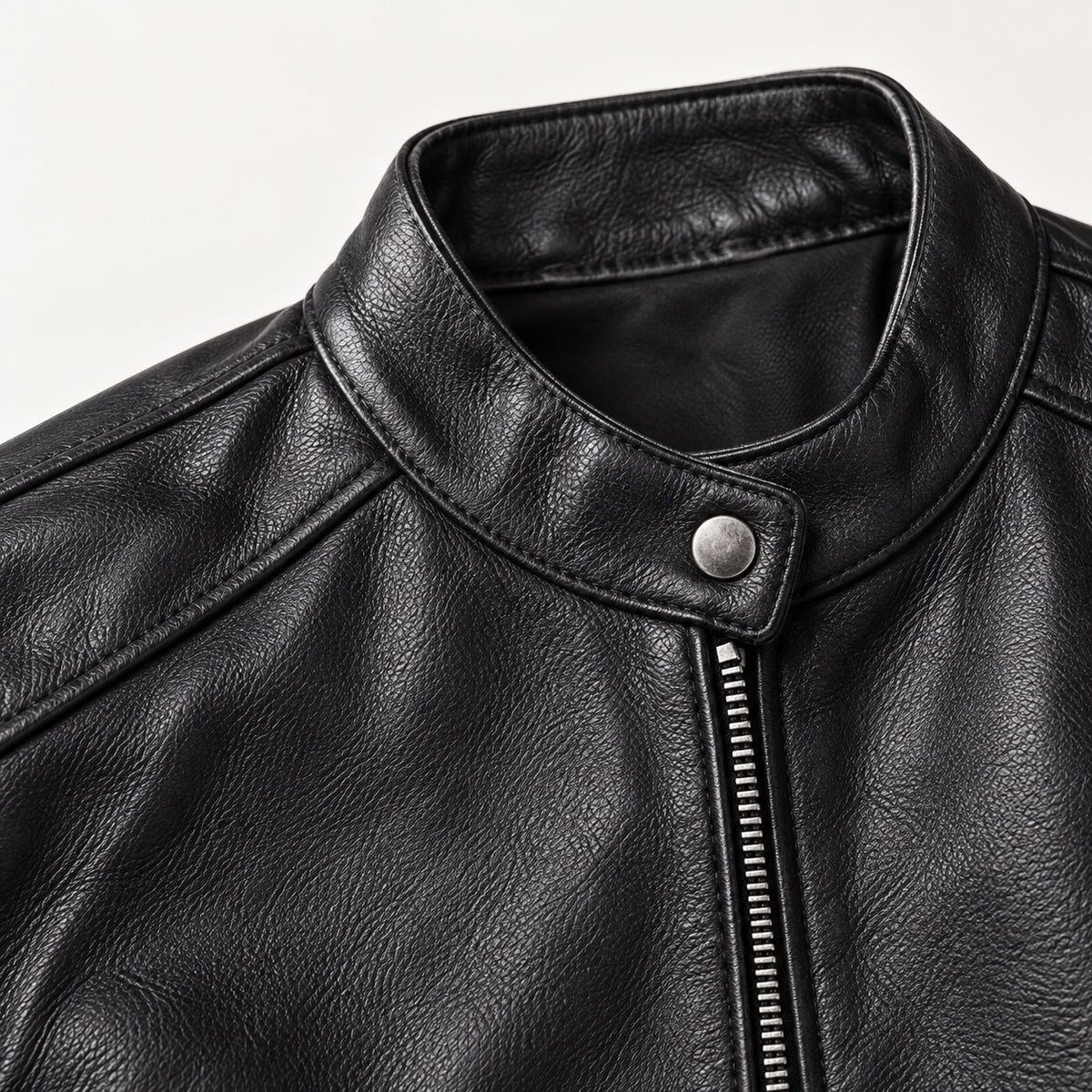 Black stand-collar cowhide jacket — leather collar detail