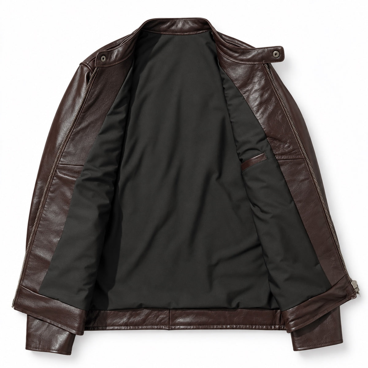 Dark brown stand-collar cowhide jacket — unbranded inner lining