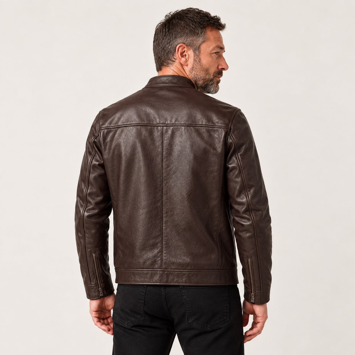 Dark Brown Stand-Collar Cowhide Jacket — British model — back