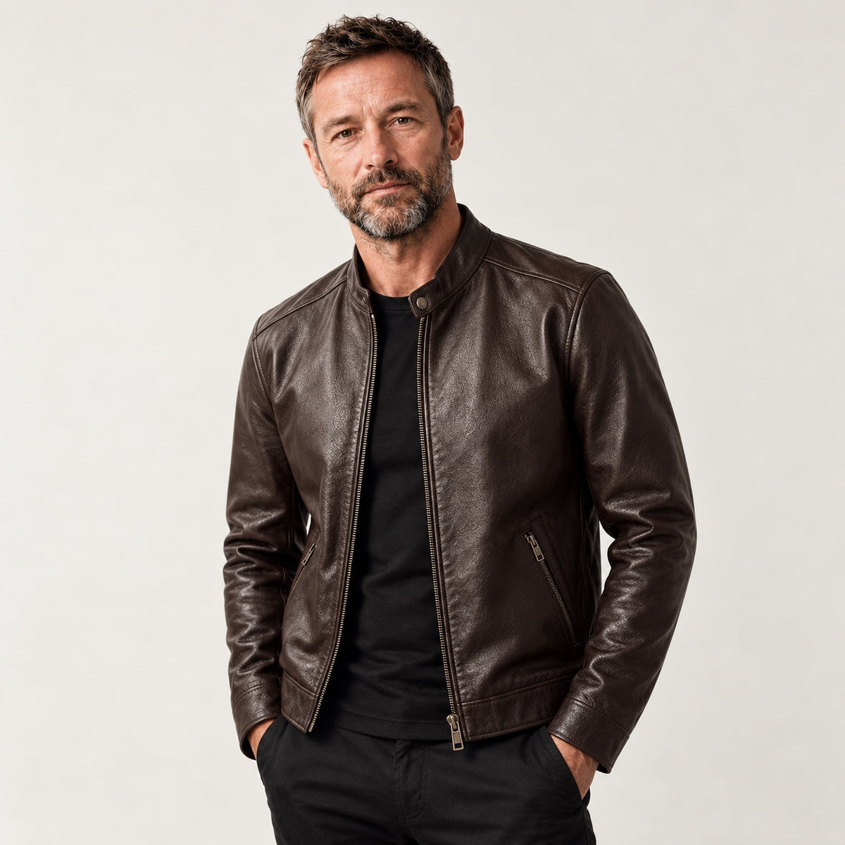 Dark Brown Stand-Collar Cowhide Jacket — British model — hero
