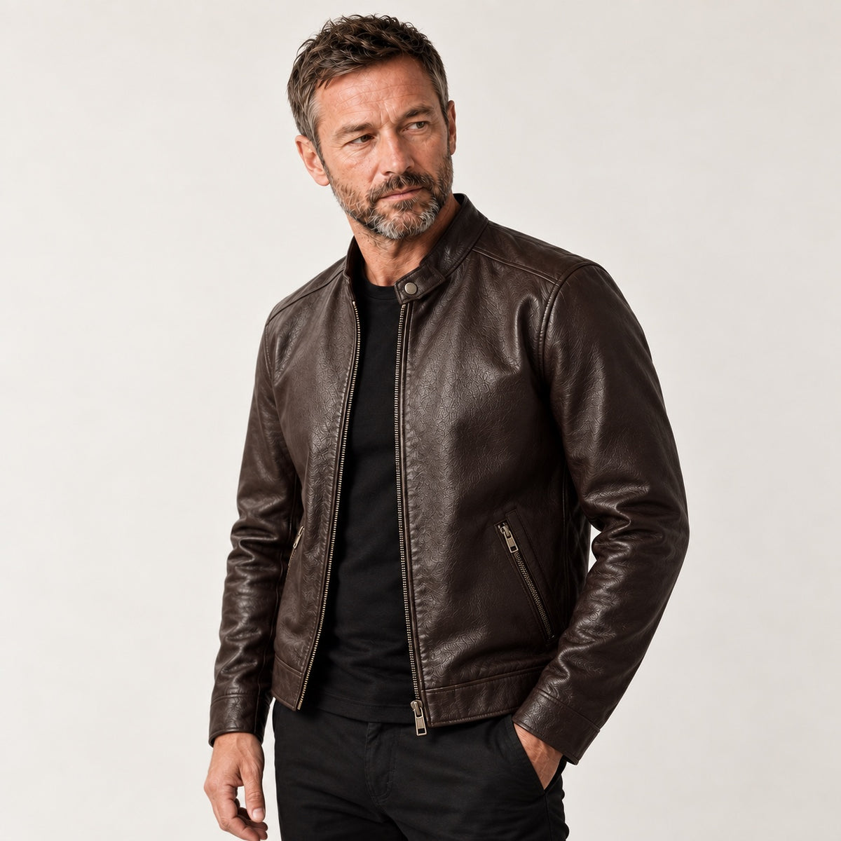 Dark Brown Stand-Collar Cowhide Jacket — British model — three quarter