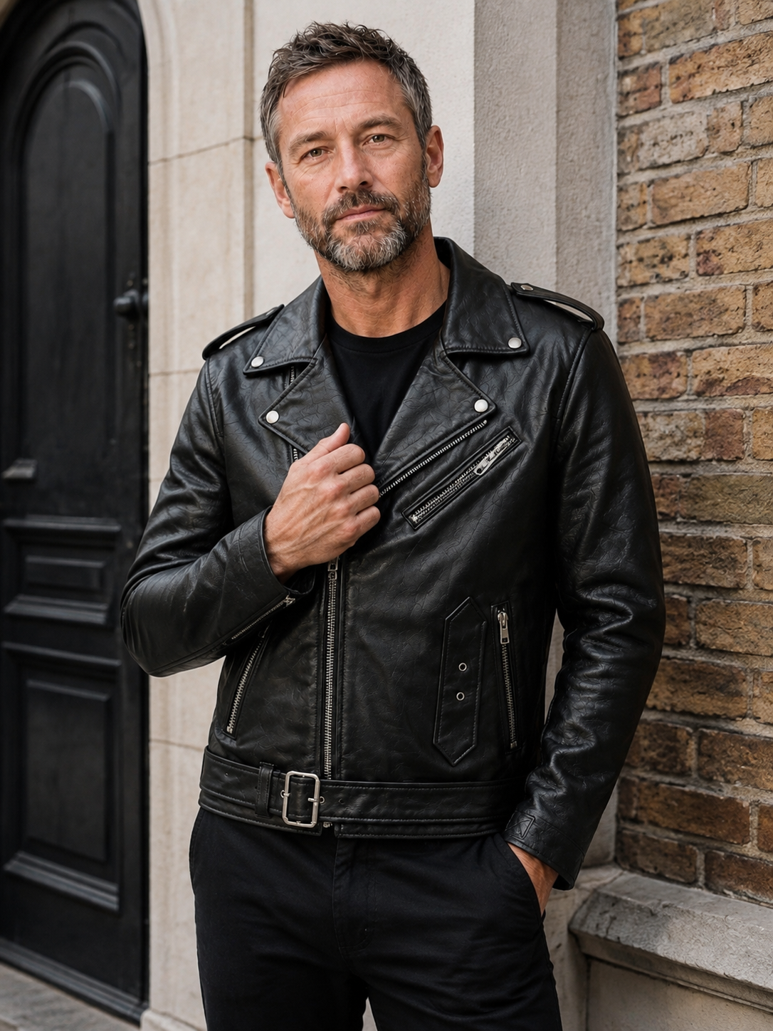 Mature British model wearing the black double rider biker jacket
